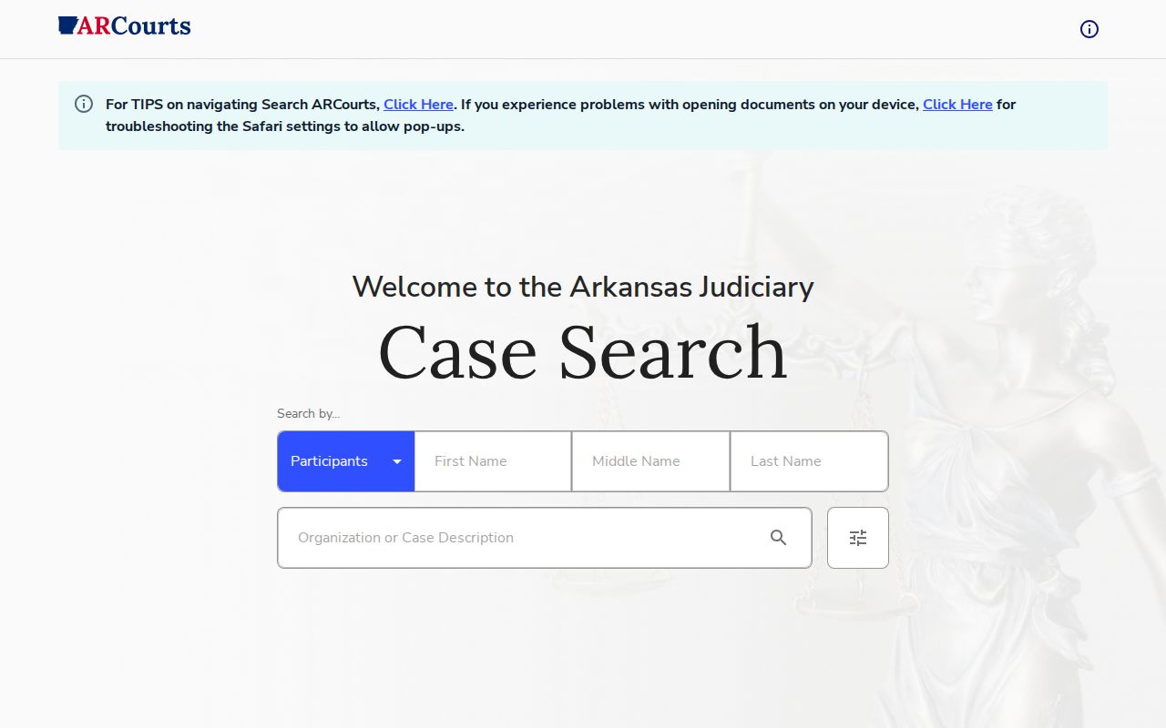 Search ARCourts public case information screen for Pope County court docket searches