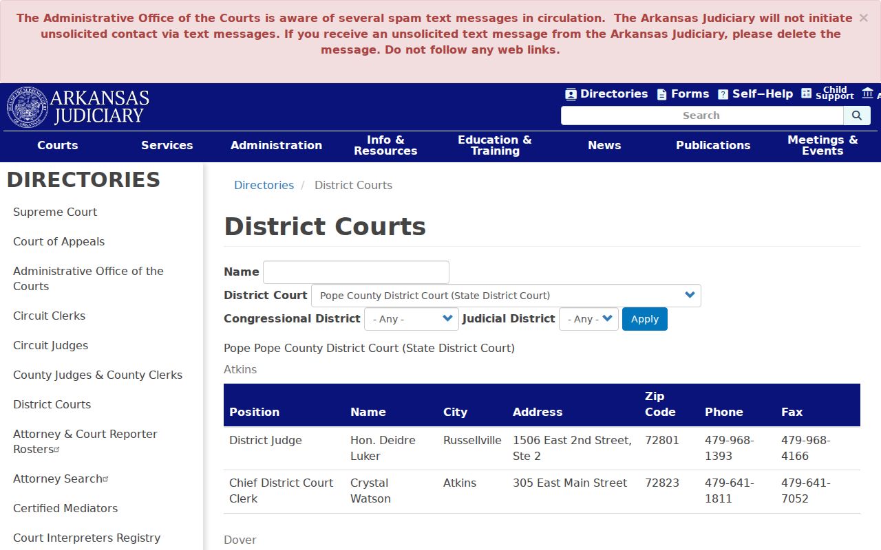 Pope County court date directory for District Court departments