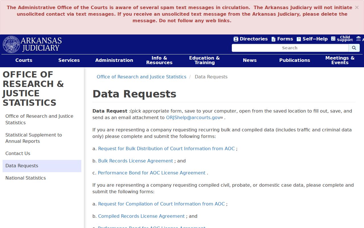 Pope County court record access through the Arkansas AOC data request page